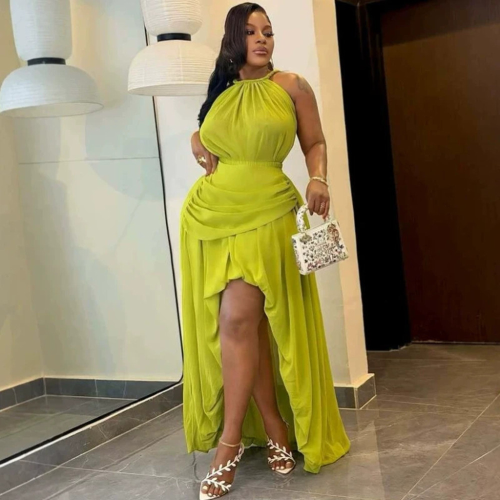 African Halter Neck Ruched Waist Sexy Slit Gown